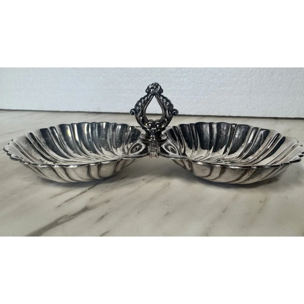 Vintage Silver Plated Double Shell Candy Dish with Handle Scalloped Nut Tray
